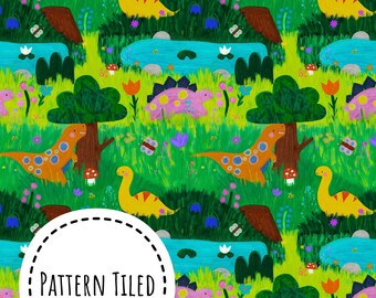 Patrón sin costuras de dinosaurio soleado, diseño de tela de estilo dibujado a mano, patrón artístico, diseño de tela para niños, archivo sin costuras, diseño de superficie