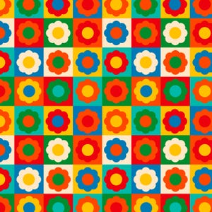 May include: A repeating pattern of colourful flowers in a grid. The flowers are in shades of red, orange, yellow, green, blue, and white. The background is a checkerboard pattern of yellow, green, blue, and red.