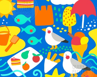 Patrón sin costuras junto al mar, descarga digital, diseño de tela, tela junto al mar, uso comercial, no exclusivo