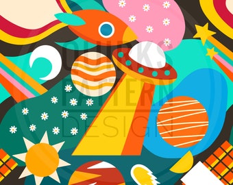 Patrón sin costuras de espacio retro, patrón abstracto sin costuras, diseño de tela, descarga digital, patrón de superficie