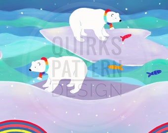 Patrón sin costuras de invierno, patrón sin costuras pintado, diseño de tela para niños, descarga digital, archivo sin costuras, diseño de tela de oso polar