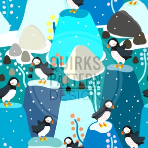 May include: A seamless pattern featuring cartoon puffins on blue, white and grey rocky islands. The puffins are black and white with orange beaks and feet. The background is a teal blue with white dots.