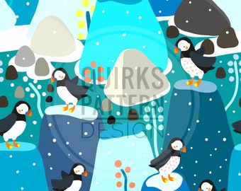 Descarga digital, Patrón sin costuras de frailecillos, Diseño de tela, Patrón repetitivo, Uso comercial, Patrón repetitivo, Tela frailecillosa