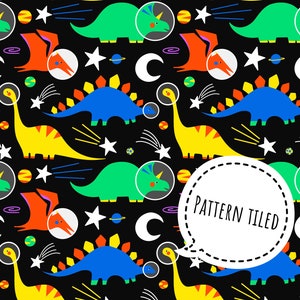 May include: A seamless pattern featuring colourful dinosaurs wearing astronaut helmets against a black background. The pattern includes stars, shooting stars, planets, and moons. The text "PATTERN TILED" is included in a speech bubble.