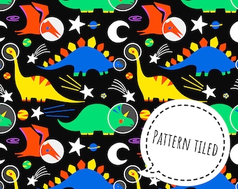 Patrón sin costuras de Space Dino, patrón sin costuras de dinosaurio, descarga digital, diseño de tela, patrón de superficie