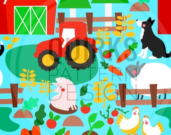 Patrón sin costuras de granja, diseño de tela, descarga digital, uso comercial, diseño de tela de granja