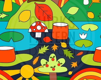 Patrón sin costuras Scandi, patrón sin costuras de bosques, diseño de tela, descarga digital, uso comercial, patrón de superficie, patrón de hongos