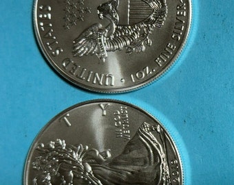 May include: Two silver American Eagle coins. The obverse side of the coin features a bald eagle with outstretched wings, holding an olive branch in its right talon and arrows in its left talon. The inscription "UNITED STATES OF AMERICA" is above the eagle, and "ONE DOLLAR" is below. The reverse side of the coin features a walking Lady Liberty, holding a torch in her right hand and an olive branch in her left hand. The inscription "IN GOD WE TRUST" is above Lady Liberty, and "2019" is to the right of her.