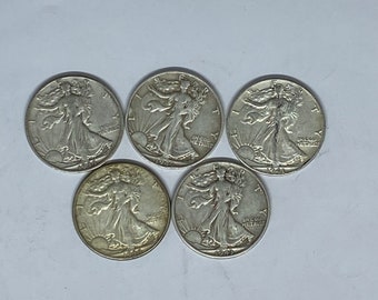 Walking Liberty Half Dollars - FIVE (5) 90% Silver Coins