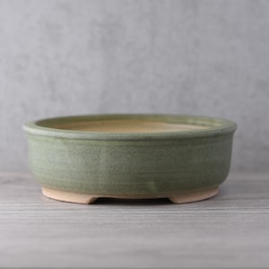 Shohin bonsaipot rond 13 cm handgemaakte bonsaipot van aardewerk - Olive Horizon