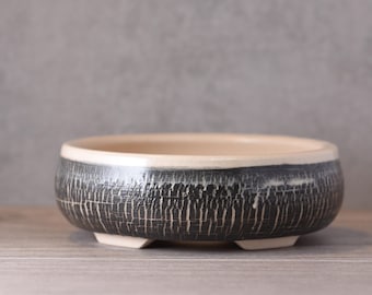 Vaso per bonsai Shohin rotondo da 12 cm, in gres fatto a mano – venatura ossidiana