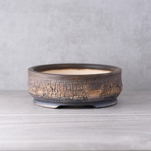 May include: A round ceramic bonsai pot with a dark, textured exterior featuring a cracked, bark-like finish in shades of brown and black. The interior of the shallow vessel is a smooth, light cream color, and the base has a raised footed rim.