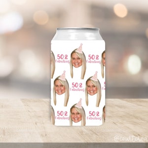 50 and fabulous can coolers, 50th birthday can coolers, custom photo 50th birthday favors, custom faces can cozies,
