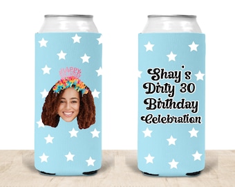 Custom birthday can insulators, funny can coolers, face birthday cans, personalized text cans, your photo and text,