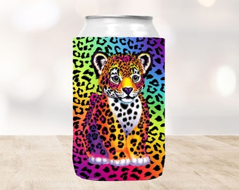 90's nostalgia can cooler, rainbow leopard can cooler, leopard rainbow pattern, cute can coolers