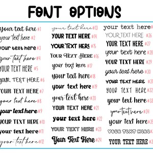 Pu&ograve; includere: Un grafico con 37 diverse opzioni di font per il testo. Ogni stile di font &egrave; numerato e include un esempio del testo "your text here" o "YOUR TEXT HERE".