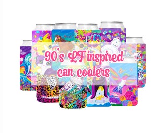 May include: A collection of cylindrical can coolers featuring vibrant 90s-inspired graphics including dolphins, cats, leopards, hummingbirds, and polar bears. The text 90's LF inspired can coolers is overlaid in pink script across the center.