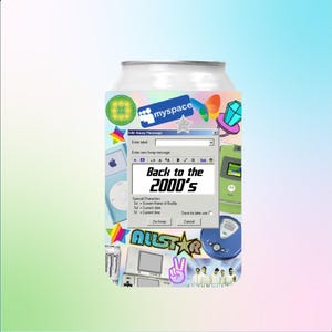 May include: A silver can with a collage of 2000s-era graphics, including a MySpace logo, a retro cell phone, and an iPod. The can features the text "Back to the 2000's" in a retro computer window design, evoking nostalgia for the early internet.