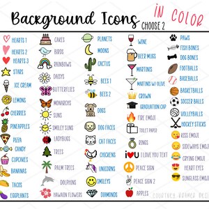 Pu&ograve; includere: Un grafico colorato con 40 icone diverse, ciascuna con un nome sottostante. Le icone sono disposte in 5 colonne e 8 righe. Le icone includono cuori, torte, pianeti, vino, zampe, uccelli, lune, boccali di birra, ossa di pesce, arcobaleni, cactus, martini, ossa di cane, margherite, api, gelati, farfalle, corona, palloni da calcio, limoni, monarchi, cappello di laurea, palle da baseball, ciliegie, cani, emoji di fuoco, palle da basket, ananas, soli sorridenti, carta igienica, palloni da calcio, pizza, coccinelle, anelli, palle da pallavolo, caramelle, alberi, emoji di bacio, bastoni da hockey, cupcake, palme, emoji laterale, emoji che piange, banane, delfini, testo "Ti amo", occhi di cuore, tacos, fiori hawaiani, segno di pace, emoji di occhiali da sole, melanzane, diamanti, segno di pace 2, mele. Il grafico &egrave; intitolato "Background Icons Choose 2 In Color".
