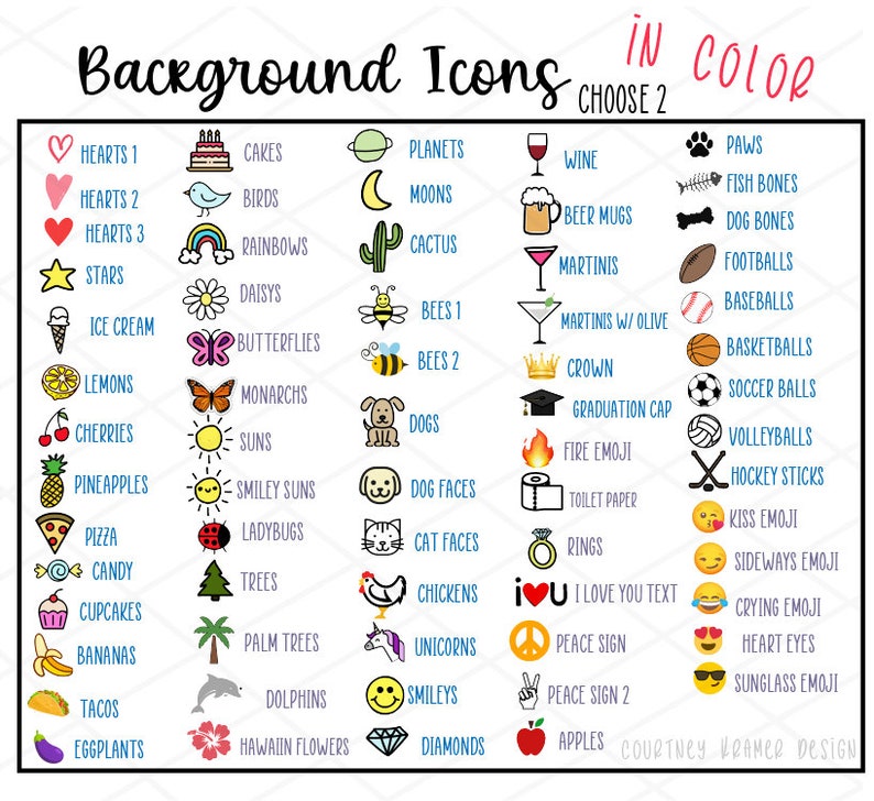 Pu&ograve; includere: Un grafico colorato con 40 icone diverse, ciascuna con un nome sottostante. Le icone sono disposte in 5 colonne e 8 righe. Le icone includono cuori, torte, pianeti, vino, zampe, uccelli, lune, boccali di birra, ossa di pesce, arcobaleni, cactus, martini, ossa di cane, margherite, api, gelati, farfalle, corona, palloni da calcio, limoni, monarchi, cappello di laurea, palle da baseball, ciliegie, cani, emoji di fuoco, palle da basket, ananas, soli sorridenti, carta igienica, palloni da calcio, pizza, coccinelle, anelli, palle da pallavolo, caramelle, alberi, emoji di bacio, bastoni da hockey, cupcake, palme, emoji laterale, emoji che piange, banane, delfini, testo "Ti amo", occhi di cuore, tacos, fiori hawaiani, segno di pace, emoji di occhiali da sole, melanzane, diamanti, segno di pace 2, mele. Il grafico &egrave; intitolato "Background Icons Choose 2 In Color".