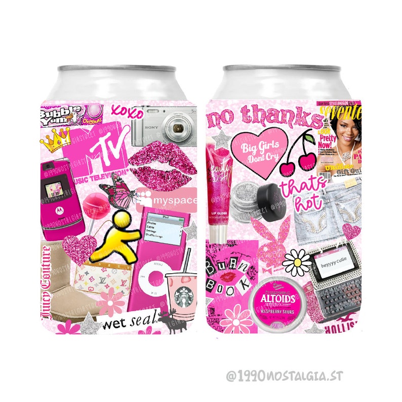 2000's nostalgia can coolers, 2000's girl can coolers, 2000s can huggers, y2k theme party favors, y2k birthday party, throwback party image 1