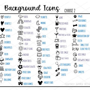 Pu&ograve; includere: Icone in bianco e nero di linea di vari oggetti, tra cui cuori, stelle, animali, cibo e bevande. Il testo "Background Icons CHOOSE 2" &egrave; nella parte superiore dell'immagine.