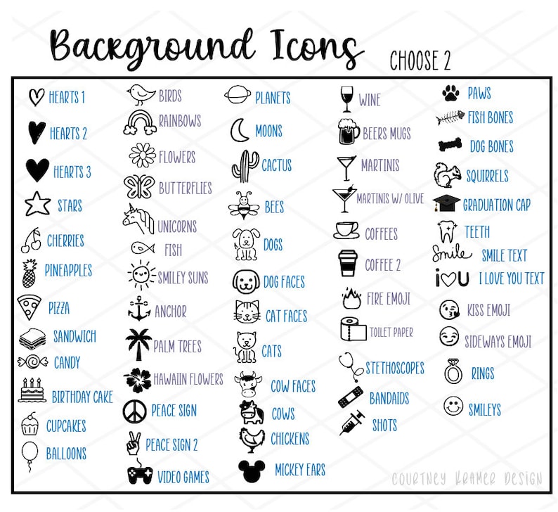 Pu&ograve; includere: Icone in bianco e nero di linea di vari oggetti, tra cui cuori, stelle, animali, cibo e bevande. Il testo "Background Icons CHOOSE 2" &egrave; nella parte superiore dell'immagine.