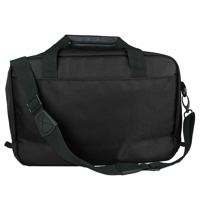 May include: Black laptop bag with a top handle and an adjustable shoulder strap. The bag has a zippered closure and a front pocket.
