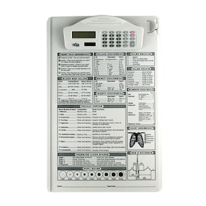 May include: A white medical clipboard with a built-in calculator and a variety of medical charts and diagrams. The charts include information on pain assessment, blood gas values, cranial nerves, pressure ulcer stages, pupil gauge, heart assessment, and EKG patterns.