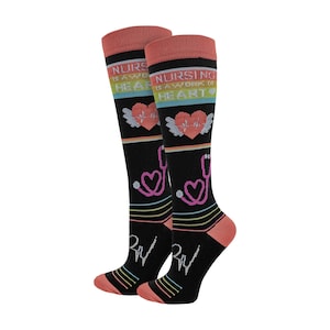 May include: Pair of black knee-high socks with a design featuring a heart with wings, a stethoscope, and the text "NURSING IS A WORK OF HEART". The socks have pink, blue, and yellow accents.