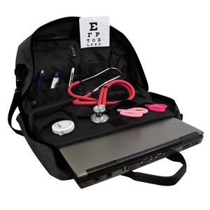 May include: A black medical bag with a laptop, stethoscope, eye chart, and other medical supplies inside.