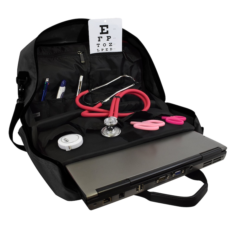 May include: A black medical bag with a laptop, stethoscope, eye chart, and other medical supplies inside.
