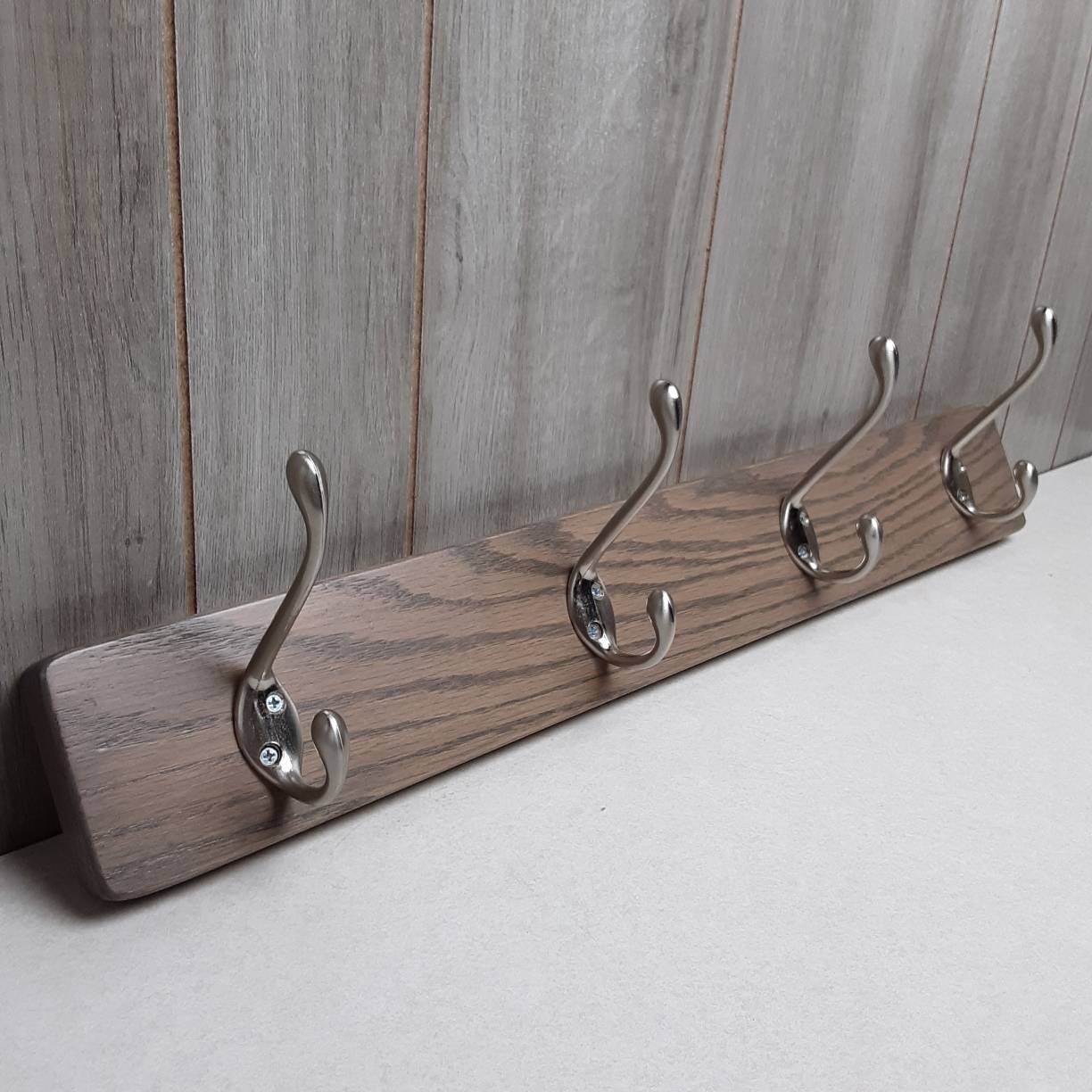 Handcrafted Wooden Hat Rack Pegboard Gray Oak 4 Silver Hooks Etsy