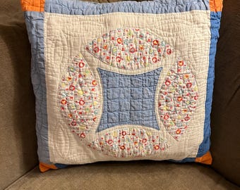 Vintage Quilted Pillow Cover Medalian center with Yarn Dyed stripe chambray envelope back