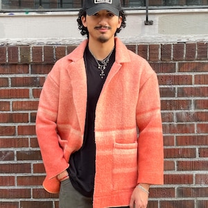 Vintage Blanket CAR COAT Ombre Stripe pattern in Coral and Cream, Notch collar
