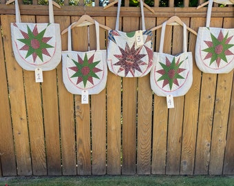 Vintage QUILT Star in Circle pattern TOTE with geometric prints, vintage handkerchiefs tied to strap