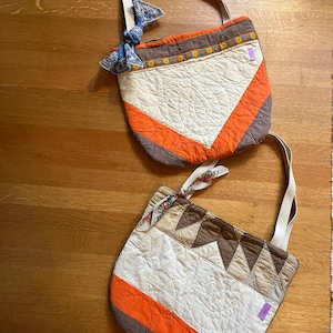 Vintage Quilt TOTE padrão &quot;TEXAS STAR&quot;, laranja, marrom, creme, lenços vintage amarrados na alça