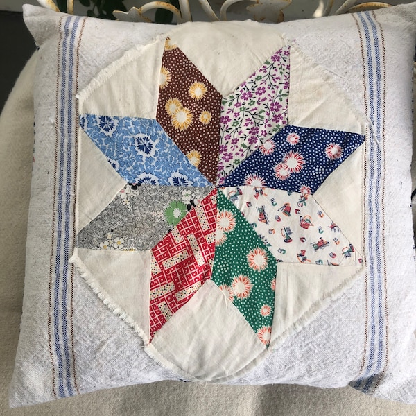 Vintage Feed Sack with Quilted Star topper pieces, Square Pillow