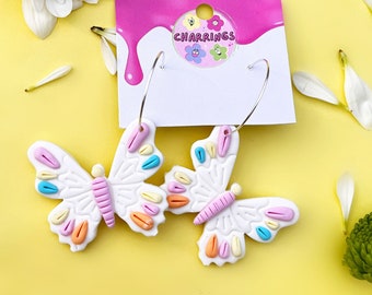 PASTEL BUTTERFLY EARRINGS - White Colourful Dainty Insect Jewellery, Quirky Unique Gifts for Women, Spring Summer Garden Hoop Earrings