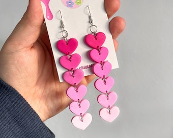 LONG HEART EARRINGS - Long Dangly Earrings, Unique Valentines Day Gifts, Ombre Pink Heart Earrings