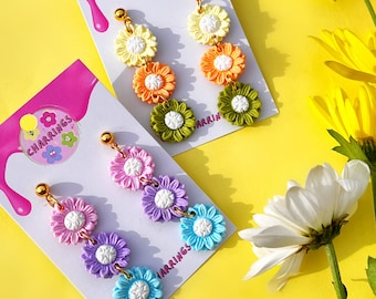 PASTEL FLOWER EARRINGS - Floral Pastel Jewellery, Gold Stud Trio Flower Earrings, Colourful Dangly Flower Stud Earrings for Women and Friend