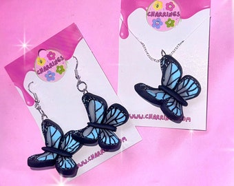 BLUE BUTTERFLY EARRINGS - Ombre Blue and Grey Detailed Butterfly Dangly Earrings, Unique Animal Butterfly Gifts, Girly Womens Jewellery
