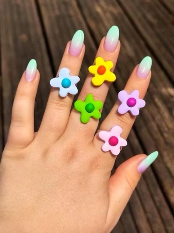 ADJUSTABLE FLOWER RINGS Polymer Clay Floral Rings, Funky