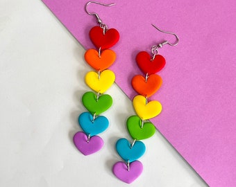 RAINBOW HEART EARRINGS - Colourful Long Heart Earrings, Long Dangly Earrings, Rainbow Pride Heart Earrings