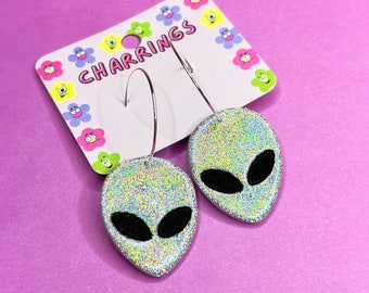 IRIDESCENT ALIEN EARRINGS -  Iridescent glitter earrings, sparkly statement jewelry, space alien glitter earrings