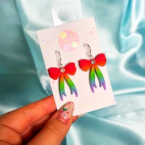 RAINBOW BOW EARRINGS - Colourful Ribbon Rainbow Earrings, Ombre Rainbow Earrings, Rainbow Pride Month Gifts