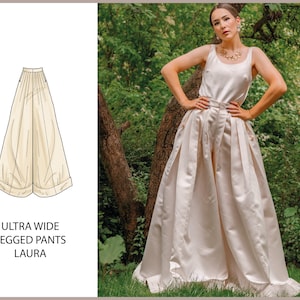 May include: A woman wearing a cream-colored satin outfit, consisting of a tank top and ultra wide-legged pants. The pants have pleats and a wide hem. The text "ULTRA WIDE LEGGED PANTS LAURA" is printed on the left side.