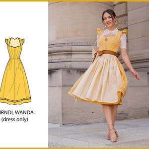May include: A yellow Dirndl dress with a fitted bodice and a flared skirt. The dress features a white lace collar and sleeves, a brown belt, and the text "DIRNDL WANDA (dress only)".