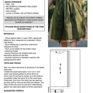 May include: A green dirndl dress apron with a brown bodice and a yellow trim. The apron is made of 150cm of fabric and has a 70cm fold. The text on the image reads "Dirndl Dress Apron Freya" and includes instructions for sewing the apron.