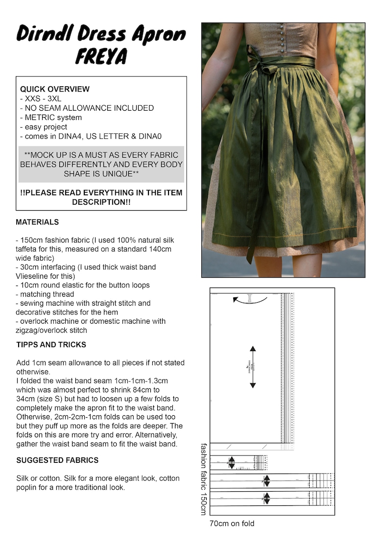 May include: A green dirndl dress apron with a brown bodice and a yellow trim. The apron is made of 150cm of fabric and has a 70cm fold. The text on the image reads "Dirndl Dress Apron Freya" and includes instructions for sewing the apron.